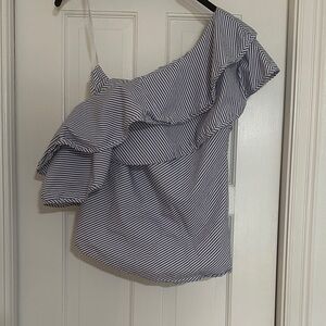 White House Black Market Blue and White Asymmetrical Off The Shoulder Blouse